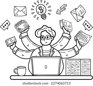 Empresario haciendo ilustración multitarea en estilo doodle aislado en segundo plano