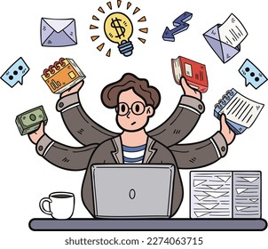 Empresario haciendo ilustración multitarea en estilo doodle aislado en segundo plano