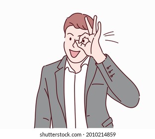 Businessman doing ok gesture with hand smiling, eye looking through fingers with happy face. Hand drawn in thin line style, vector illustrations.