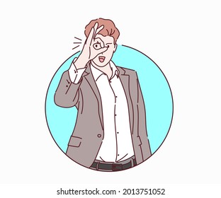 Businessman doing ok gesture with hand smiling, eye looking through fingers with happy face. Hand drawn in thin line style, vector illustrations.