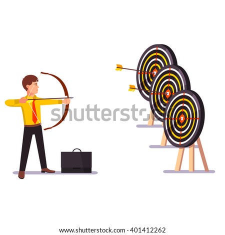 Businessman doing a perfect hit arrow target practice. Flat style vector illustration.
