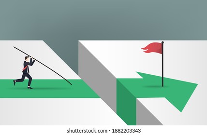Businessman doing pole vault to jumps over the red flag with green arrow direction concept. Business symbol vector illustration.