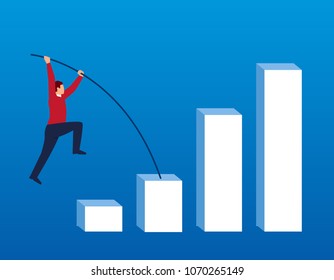 Businessman doing pole vault on bar chart