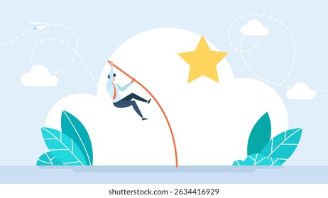 Businessman doing pole vault. Reaching for a star. Achieving a goal, a dream. Success.Depicts career, challenge, goal, mission, ambition, and mission. Vector illustration