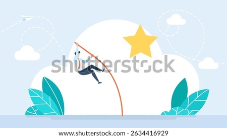 Businessman doing pole vault. Reaching for a star. Achieving a goal, a dream. Success.Depicts career, challenge, goal, mission, ambition, and mission. Vector illustration
