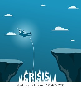 Businessman Doing Pole Vaulting Cross Over the Crisis Valley. Business Concept Vector.