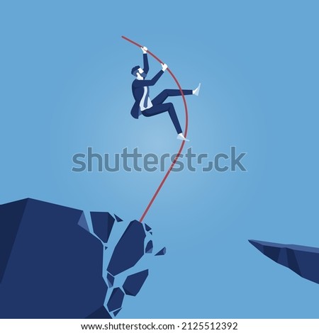 Businessman doing pole vaulting cross over the crisis valley, jump over the barrier with a pole, way forward and overcoming obstacles concept
