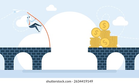 Empresário fazendo salto com vara por saltar o objetivo. Um homem pula sobre um abismo para conseguir riqueza. Conceito comercial. Empresário vara abrindo para o dinheiro. Ilustração vetorial