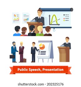 Businessman doing presentation or pitching a speech. Conference Illustration. Flat icon set. EPS 10 vector.