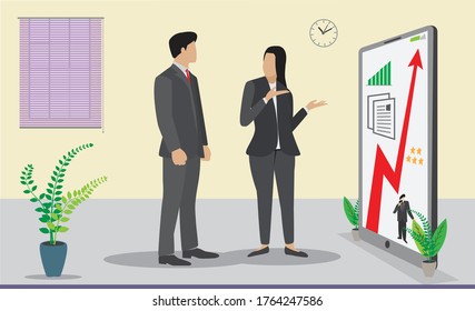 Businessman doing presentation and professional training about marketing. Flat illustration of conference and motivation for business via mobile infographic India stock illustration