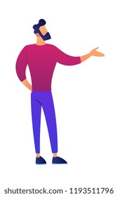 Businessman doing presenting gesture with his hand vector illustration. Businessman demonstrating and showing, salesman presenting, advertising and performance concept. Isolated on white background.