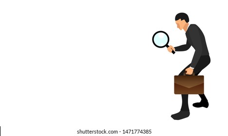 a businessman is doing research. carry optical glass and work document bags. vector full body side view. eps10