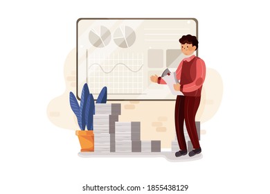 Empresario haciendo análisis de ventas concepto de Ilustración vectorial. Ilustración plana aislada en fondo blanco.