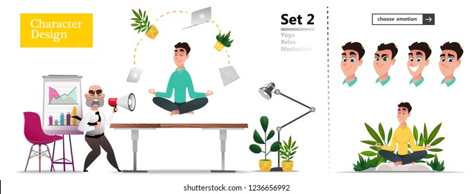 Businessman doing yoga to calm down the stressful emotion from hard work in office over desk. Concept of meditation,  practicing yoga on the job. Modern cartoon illustration on white background