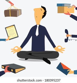 Businessman doing Yoga to calm down the stressful emotion from multitasking and very busy working. 