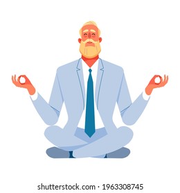 Businessman doing yoga to calm down the stressful emotion from hard work in the office. Mature businessman sit and meditate or practice yoga. Concept of meditation. Cartoon vector illustration.