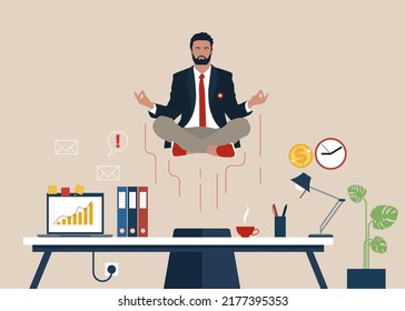 Businessman Doing Yoga To Calm Down The Stressful Emotion From Hard Work In Office Over Desk. Concept Of Meditation. Modern Vector Illustration.