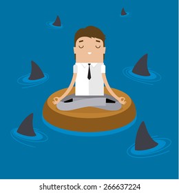 Businessman doing Yoga to calm down the stressful emotion in a risky situation. Flat design