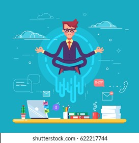 Businessman doing yoga to calm down the stressful emotion from hard work in office over desk with office process icons on background. Concept of meditation. Modern vector illustration.