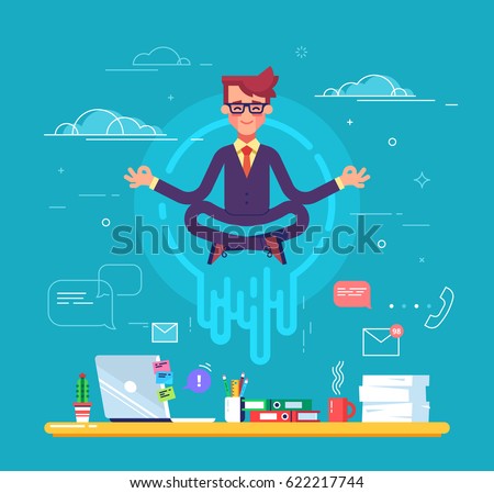 Businessman doing yoga to calm down the stressful emotion from hard work in office over desk with office process icons on background. Concept of meditation. Modern vector illustration.