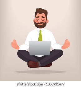 Businessman doing yoga. The concept of meditation. Calm at work, finding solutions in business. Vector illustration in cartoon style