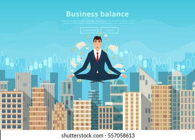 Businessman doing yoga in lotus pose. Human sitting and meditating. Vector illustration of city landscape in flat style.