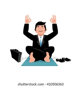 Businessman doing yoga. Man in suit sitting in lotus position. Meditation in office during working hours. Manager relaxing after work
