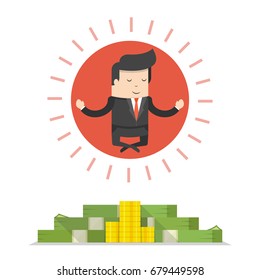 Businessman doing yoga and meditating on huge pile of money. Business concept. Flat cartoon style. Vector illustration.