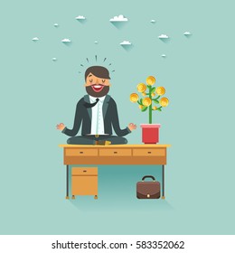 Businessman doing yoga on office table with money tree. Business growth concept. Vector colorful illustration in flat style 