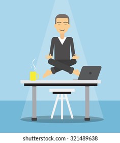 Businessman doing yoga on the table.vector illustration