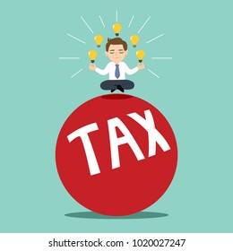Businessman doing yoga on tax debt ball, illustration vector cartoon