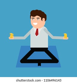 Businessman doing yoga, vector illustration on a blue background