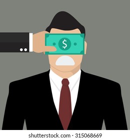 Businessman with dollar banknote taped to eyes. Bribery concept