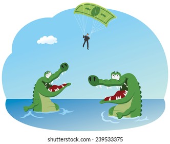 Businessman with a dollar bill parachute is flying above the river with crocodiles