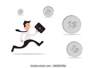 Businessman and dollar coins as money chasing concept