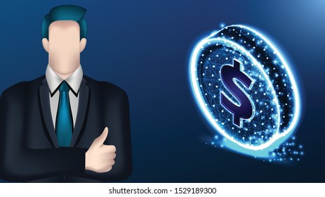 businessman and dollar coins , Money, Financial, Business Growth concept, Vector Illustration on dark blue background