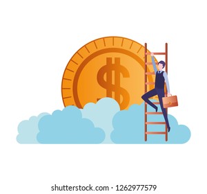 businessman with dollar sign and stair character