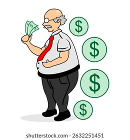 businessman with dollar sign. vector of big belly old man having lots of dollar bills