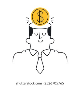 Businessman with dollar symbol representing financial thinking. Doodle style with an editable strike.