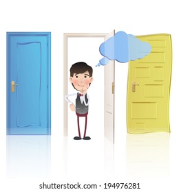Businessman with door over white background 