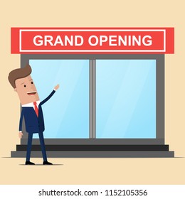 Businessman and a door with a text grand opening. Grand Opening. Vector  illustration