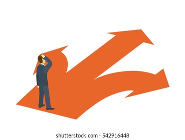 Businessman in doubt, chooses one of three directions. Businessman standing on the three-way direction arrow on white background. Concept of choice. Isolated vector.