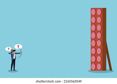 Businessman doubt in choosing best target. Archery target selection. Business Concept. Vector illustration