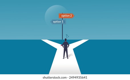 A businessman in doubt, having to choose between two different choices indicated by path pointing in opposite direction