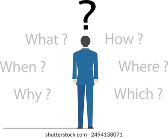 Businessman with doubts from behind and English interrogative words