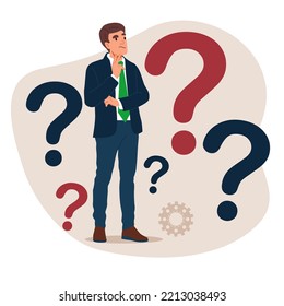 Businessman doubts and questioning everything. Young man surrounded by a question mark. Flat cartoon vector illustration.