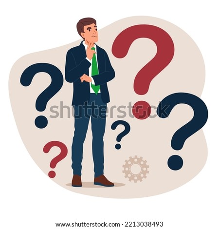Businessman doubts and questioning everything. Young man surrounded by a question mark. Flat cartoon vector illustration.