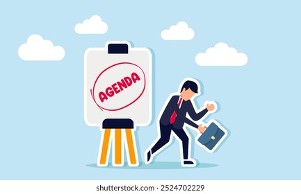 A businessman with a downcast expression stands next to a sign that reads "AGENDA," an illustration of how a packed business schedule leads to exhaustion.