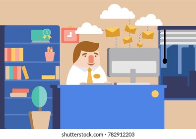 Businessman download a folder form cloud storage. Cloud service technology. Cartoon flat vector illustration.