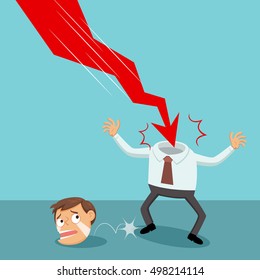 Businessman with downward arrow on head, vector illustration cartoon